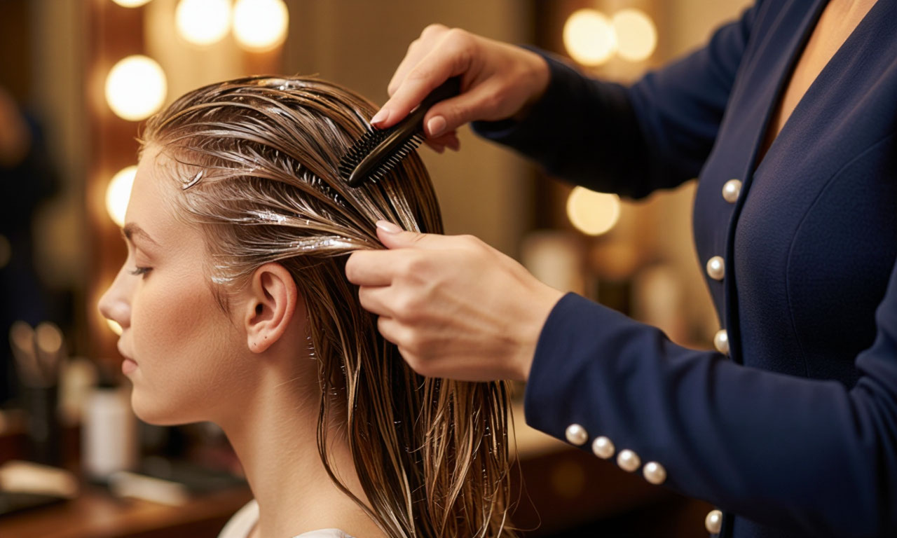 Stylist working on client hair